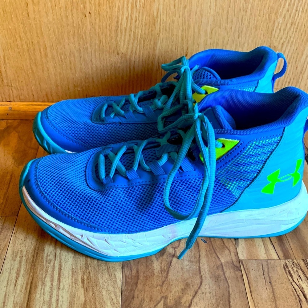 Under Armour Jet size 6 VEGAN blue yellow mid basketball sneakers shoes